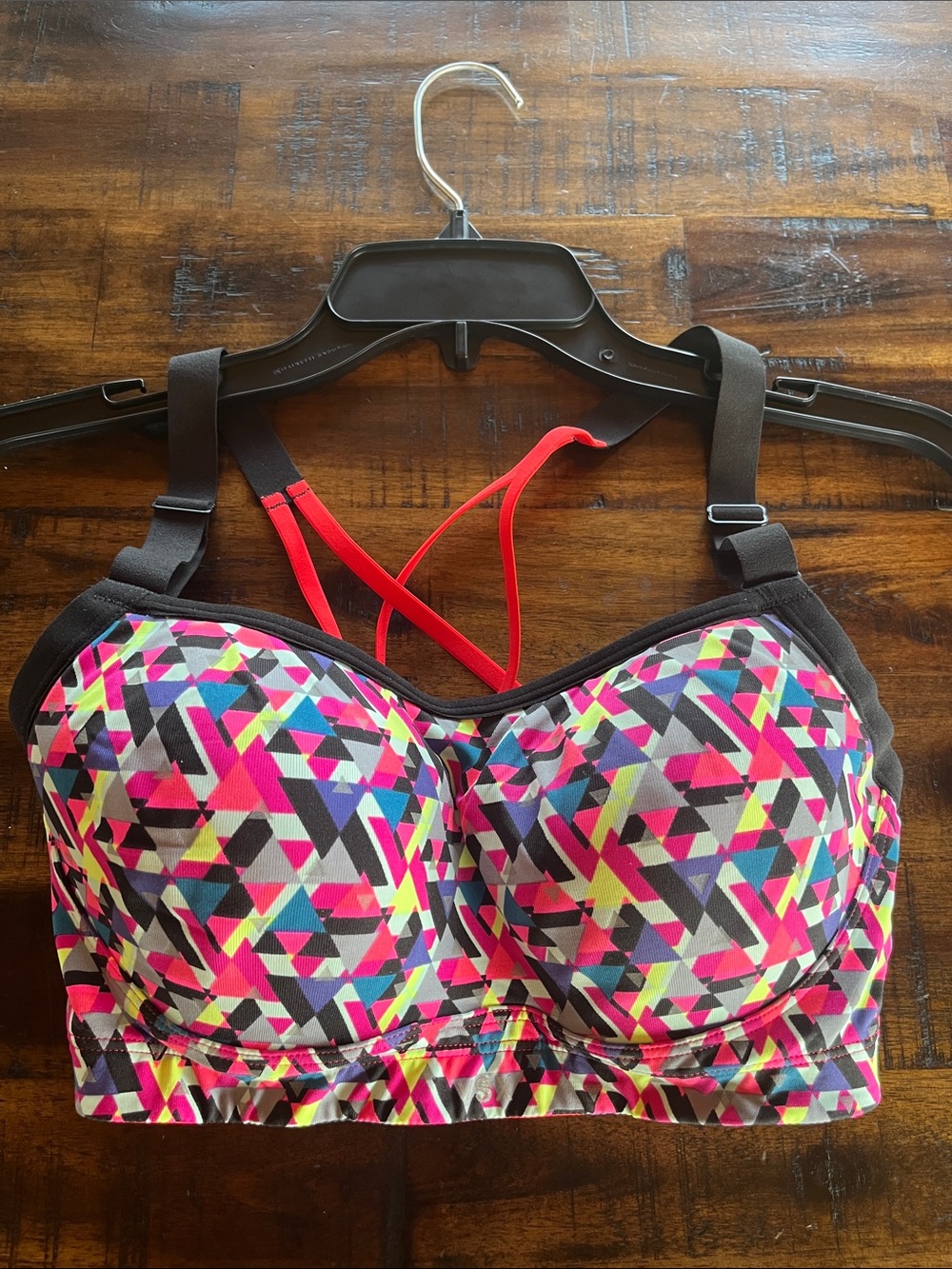 Victoria's Secret Multicolor Geometric Longline Sports Bra - Pink/Black/Neon
